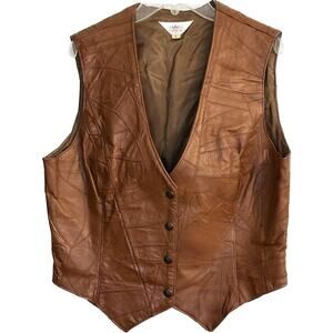 LANCE Western Vest Adult Size L Brown Leather Snap Closure VINTAGE